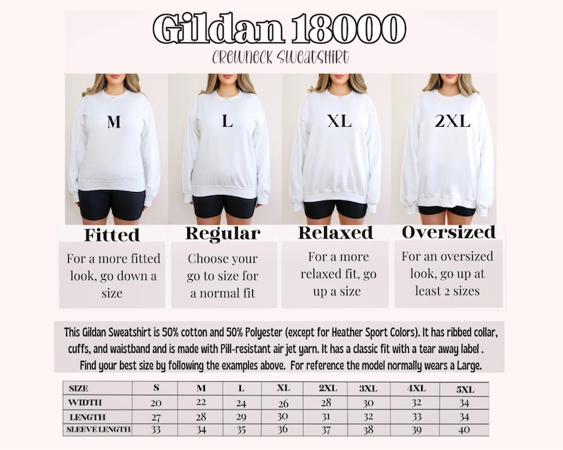 K&ouml;nnte beinhalten: Ein wei&szlig;es Gildan 18000 Crewneck-Sweatshirt wird an vier Models pr&auml;sentiert, die jeweils eine andere Gr&ouml;&szlig;e tragen: M, L, XL und 2XL. Das Bild enth&auml;lt eine Gr&ouml;&szlig;entabelle mit Ma&szlig;en in cm und Beschreibungen f&uuml;r verschiedene Passformen.
