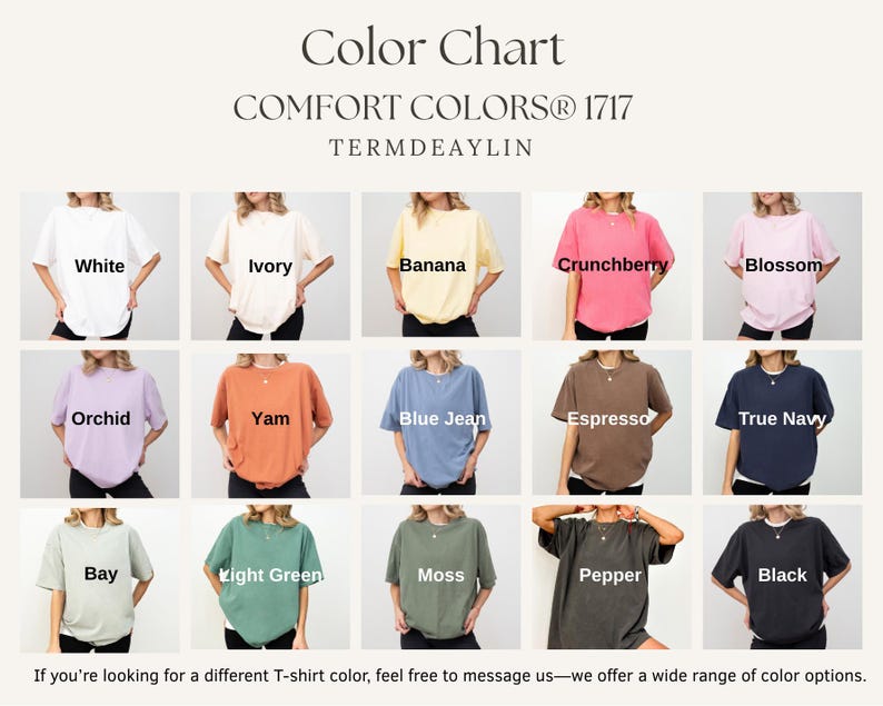 K&ouml;nnte beinhalten: Farbtabelle mit Comfort Colors 1717 T-Shirts in verschiedenen Farbt&ouml;nen. Das Bild zeigt eine &Uuml;bersicht von T-Shirts in Farben wie Wei&szlig;, Elfenbein, Banane, Crunchberry und Blossom. Weitere Farben sind Orchidee, Yam, Blue Jean, Espresso und Marineblau.