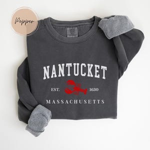 May include: Dark gray sweatshirt with the word "NANTUCKET" in white block letters, a red lobster graphic, and the text "EST. 1630 MASSACHUSETTS". The sweatshirt has a crew neck and gray fleece cuffs.