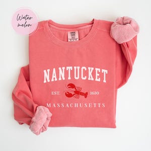 May include: A coral-colored sweatshirt with the word "NANTUCKET" in white block letters. Below the word is a red lobster graphic and the text "EST. 1630" and "MASSACHUSETTS". A pink scrunchie is on the sleeve. The word "Watermelon" is in a pink circle.