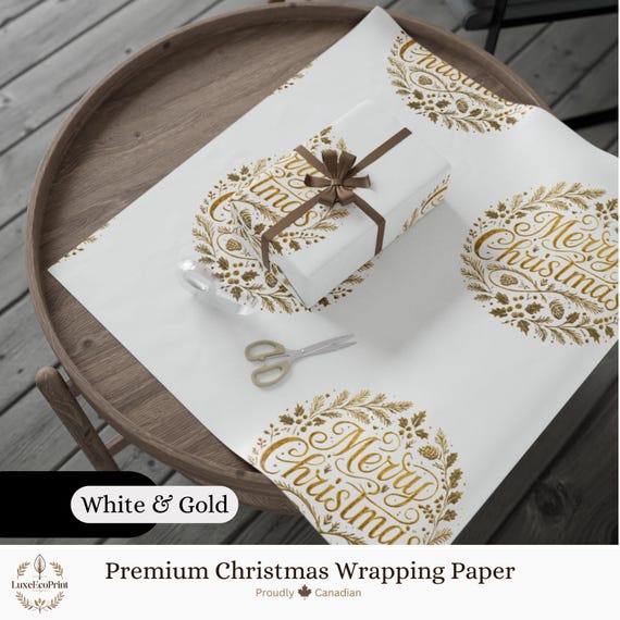 Gold Merry Christmas Wreath Wrapping Paper | Christmas Gift Wrap