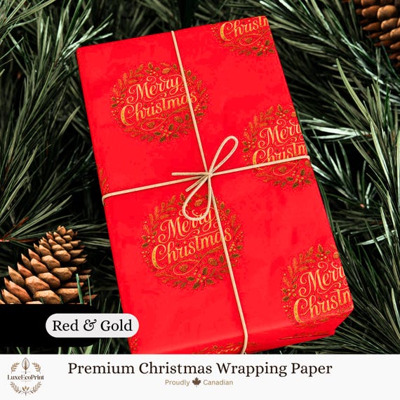 Festive Gold Script 'Merry Christmas' Wrapping Paper | Holiday Red Gift Wrap
