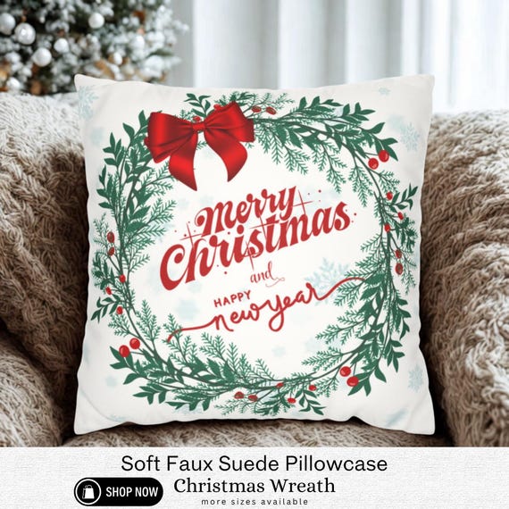 Christmas Wreath Pillow Cover, Faux Suede Holiday Decor