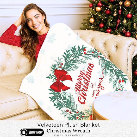 Christmas Wreath Velveteen Plush Blanket - Holiday Home Decor