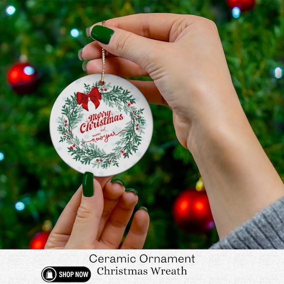 Christmas Wreath Ceramic Ornament, Holiday Decor, Personalized Gift, Tree Decoration, Unique Keepsake