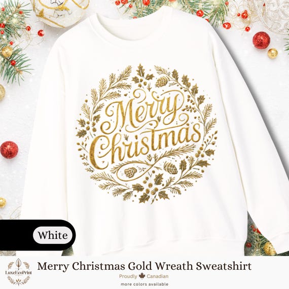 Merry Christmas Gold Wreath Sweatshirt | Holiday Crewneck, Classic Unisex-Fit Warm and Cozy Pullover