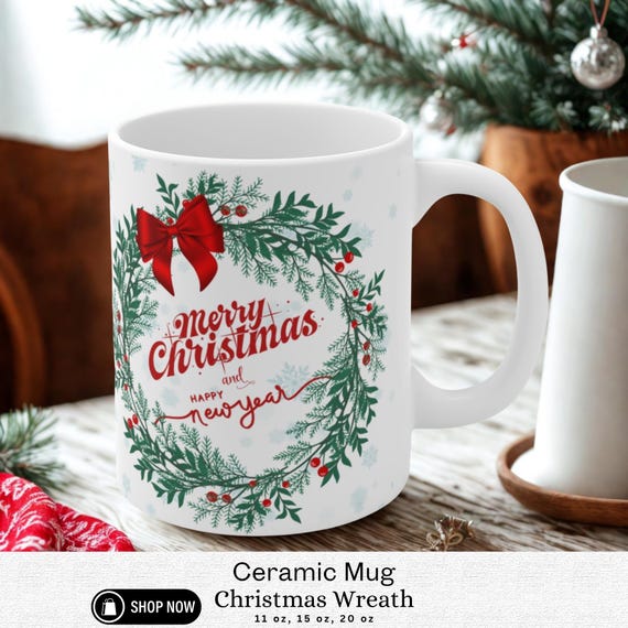 Festive Ceramic Mugs, Christmas Coffee Cup, Holiday Gift, New Year Mug, Wreath Design