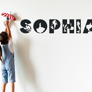 Cartoon-styled wall name vinyl decal for girls, Custom name nursery decal, Kids name, Princess castle crib wall decor