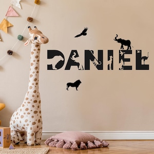 Decalque de parede com nome Safari personalizado - Decoração de berçário Safari para crianças - Decoração de quarto de animais da selva - Decoração de quarto personalizada para meninos e meninas