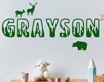 Custom Woodland Animals Wall Name Decal, Woodland Theme Bedroom Decor, Woodland Forest Nursery, Rustic Mountain and Trees Theme Nursery