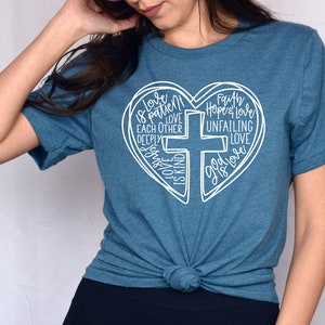 Heart Cross Word Art Women&#39;s Shirt - Christian Heart Shirt - Jesus is Love - Word Heart Cross - Religious Gift - Christian Shirt - Cross