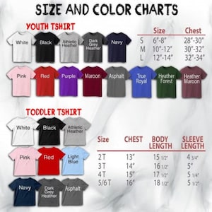 May include: Size and colour chart for youth and toddler t-shirts. The chart shows different colours and sizes for youth t-shirts, including white, black, athletic heather, dark grey heather, navy, pink, red, purple, maroon, asphalt, true royal, heather forest, and heather maroon. The chart also shows different sizes and measurements for toddler t-shirts, including 2T, 3T, 4T, and 5/6T. The toddler t-shirt colours include white, black, athletic heather, pink, red, light blue, navy, dark grey heather, and asphalt.