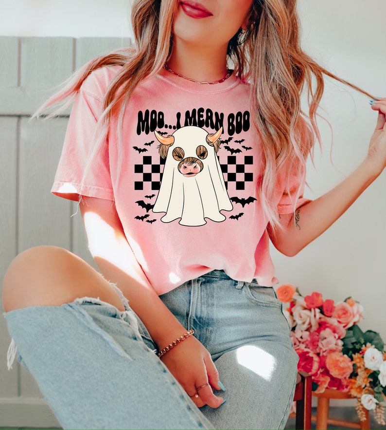 Halloween Highland Cow Shirt, Moo I Mean Boo Sweatshirt,Spooky Vibes T-shirt Happy Halloween Shirt, Halloween Gifts, Spooky Cow Shirt, image 2