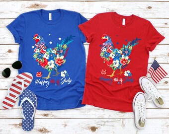 4 juli kip shirt, vierde van juli T shirt, bloemen kip grafische Tees, Amerika Vneck tshirts, patriottische moeder shirt, cadeau voor haar