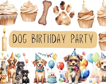 Watercolor Dog Birthday Party Clipart - Party Cupcake Candles Paws Chewingbone Balloons Clipart - Birthday invitation - Commersial Clipart