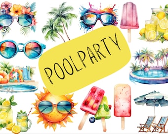 Watercolor Pool Party Clipart Set: Summer Beach PNGs (Instant Download)