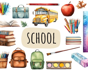 Watercolor Back to School Clipart | PNG Digital Image Downloads (PDF-link)