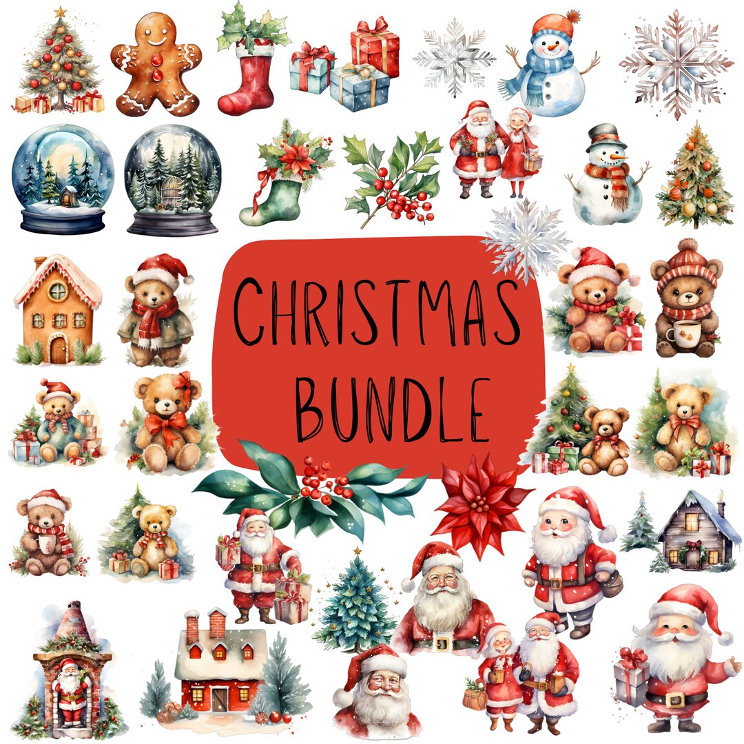 Watercolor Christmas Clipart Bundle – Holiday PNG Graphics (digital ...