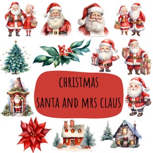 13 Watercolor Santa and Mrs Claus Clipart - Christmas Tree Holiday Winter Clipart - PNG Graphics - Scrapbook Junk Journal Paper Crafts