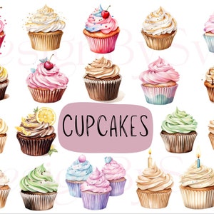 Imágenes prediseñadas de cumpleaños de cupcake de acuarela - imágenes prediseñadas de velas de cupcake - imágenes prediseñadas de invitación de cumpleaños - imágenes prediseñadas comerciales