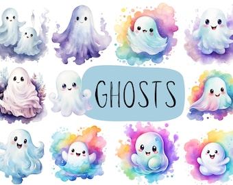 Watercolor Kawaii Ghost Clipart, Rainbow Halloween PNG (Digital Download)