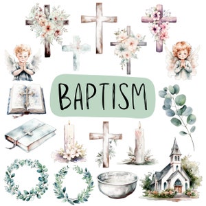 17 Aquarell Clipart Taufe, PNG Grafik, Baby Engel, Kreuz, Kirche, Eukalyptus, Blumen, Kerze, Bibel, Scrapbook Verzierungen