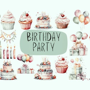 Clipart de cumpleaños vintage neutro con acuarela: imágenes prediseñadas de globos, velas, cupcakes y pasteles para fiestas: imágenes prediseñadas de invitación de cumpleaños