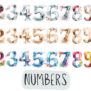 30 Aquarell-Zahlen Clipart, Zahl 0-9, Baby-Meilensteine, Geburtstags-Clipart, PNG-Grafik, Scrapbook-Verzierungen, kommerzielle Nutzung
