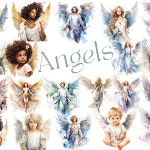 20 Watercolor Angels Clipart, PNG graphic, Fair skin angel, dark skin angel, baby angel, woman angel, scrapbook embellishments