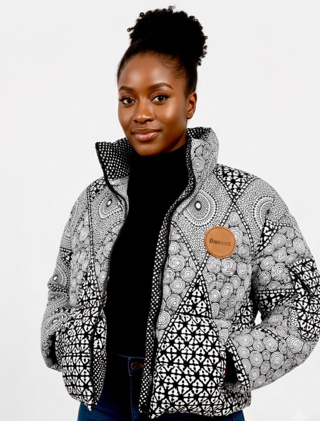 Bold African-inspired Puffer Jacket – Women Monochrome Tribal Pattern ...