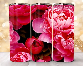 Può includere: Tre bicchieri in acciaio inossidabile con un design floreale di peonie rosa. I bicchieri sono una scelta popolare per l'uso quotidiano e sono perfetti per mantenere le bevande fredde o calde.