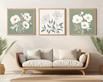 Sage Green Wall Art, Wildfower Floral Posters - Printable Digital Download - Set of 10