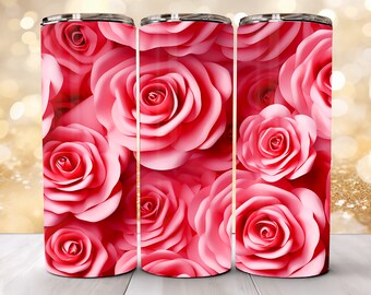 Può includere: Tre bicchieri in acciaio inossidabile rosa e bianco con un design floreale con rose rosa.
