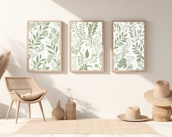 Sage Green Wall Art, Boho Floral Posters - Printable Digital Download - Set of 6