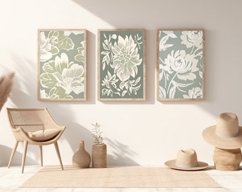 Sage Green Wall Art, Lithograph Style Floral Posters - Printable Digital Download - Set of 3