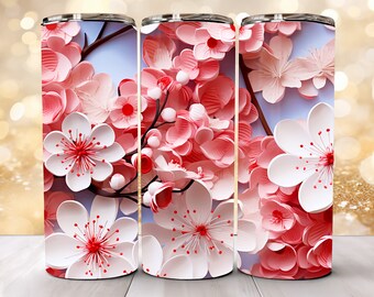 Design avvolgente per tumbler skinny floreale 3D da 20 oz, bicchiere dritto, download digitale istantaneo, Sakura