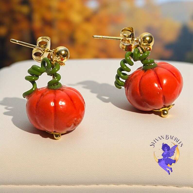 Handmade Polymer Clay Pumpkin Earrings | Fall Dangles, Gold-Tone Studs