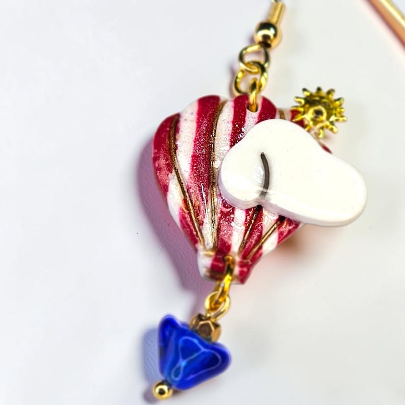 Handcrafted Hot Air Balloon Earrings, Red White Blue, Cloud Sun Beads