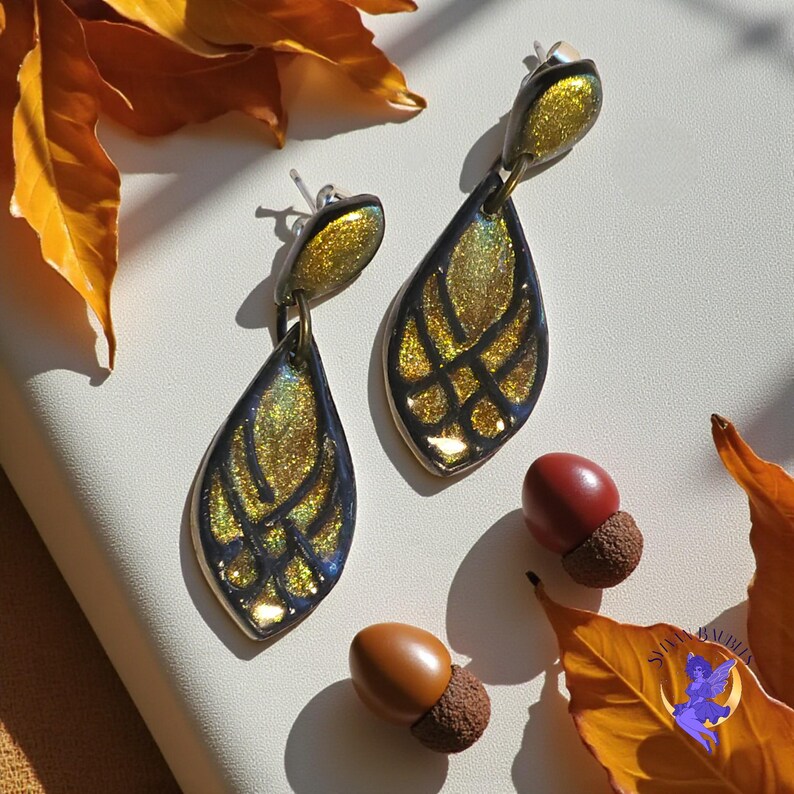 Gilded Grove Leaf Earrings : Gold Shimmer Handmade Polymer Clay Jewelry Nature Inspired Dangles