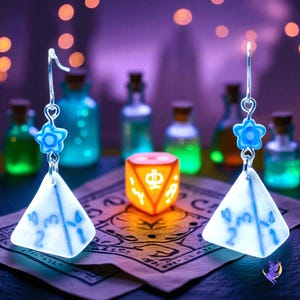 Dice Goblin Series 1 – Faerie Bloom D4 Earrings | Blue Dice Earrings for DnD & TTRPG | One of a Kind Gamer Gift | Sylvan Baubles