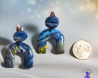 Boucles d'oreilles faites main galaxie en pâte polymère - Pendentifs cosmiques Mokume Gane