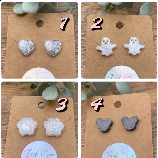 Resin Stud Earrings / Paw Print / Heart / Ghosts / Mickey Mouse