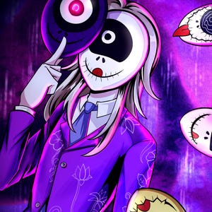 Könnte beinhalten: Digitale Illustration eines Charakters in einem lila Anzug mit weißer Maske und langen weißen Haaren. Die Figur hält eine lila Scheibe mit rotem Augendesign. Verschiedene augenförmige Objekte schweben herum.