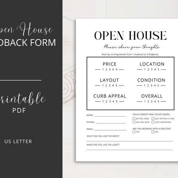 Real Estate Open House Feedback Form, Printable PDF | Realtor Marketing Tool |  New Agent Flyer for Clients | Home Buying Survey