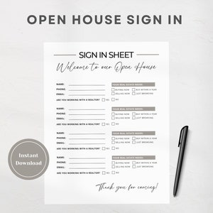 Open House Sign-In Sheet| Real Estate Agent Printable Form | Realtor Marketing Tool |  Open House Flyer | US Letter
