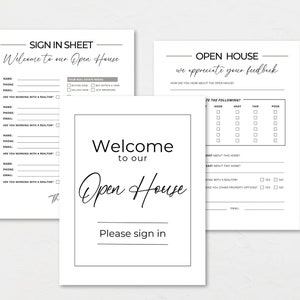 Offre groupée portes ouvertes – Panneau de bienvenue, feuille de connexion, formulaire de commentaires | Outil de marketing imprimable pour agent immobilier | Dépliant portes ouvertes | Lettre américaine