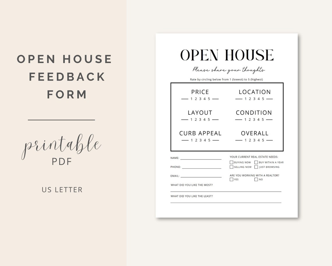 Open House Feedback Form, PDF | Real Estate Marketing Tool | Printable Realtor Open House Flyer ...