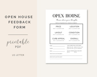 Open House Feedback Form, PDF | Real Estate Marketing Tool | Printable Realtor Open House Flyer | Real Estate Home Survey