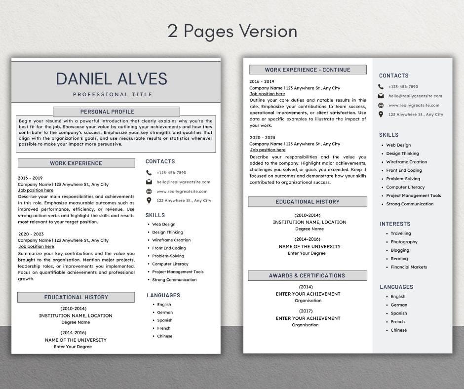 ATS Resume Template | Modern CV Design, Cover Letter (digital Download ...