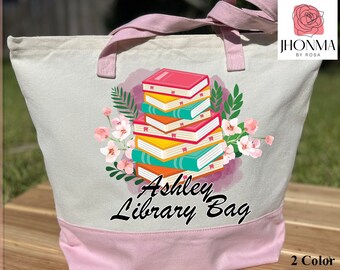 Personalized Book Bag, Library Tote Bag, Shelf Control Bag, Flower Book Bag, Book Lover Bag, Colorful Book Canvas Tote